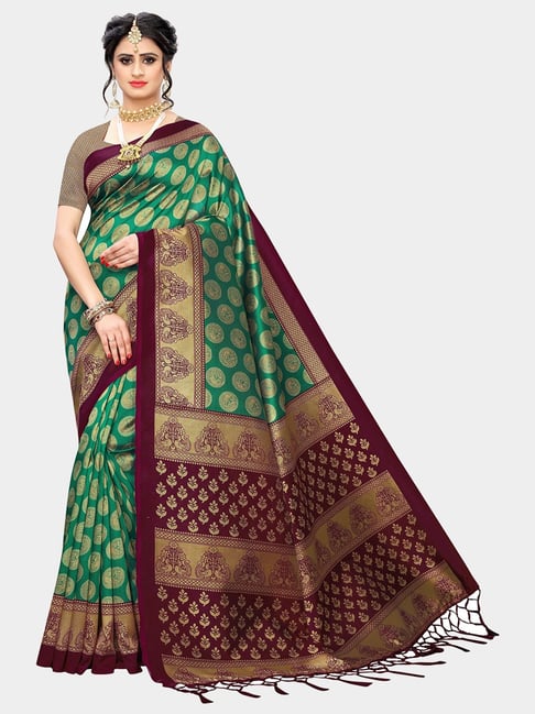 KSUT Green & Maroon Printed Saree With Blouse Price in India