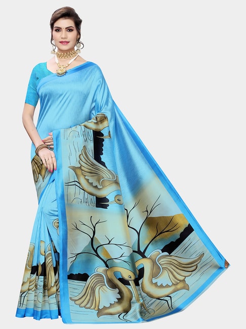 KSUT Blue Printed Saree With Blouse Price in India