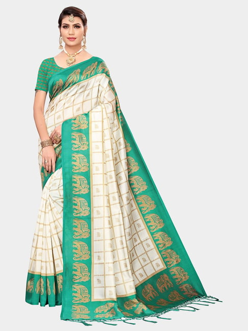 KSUT Green & Beige Check Saree With Blouse Price in India