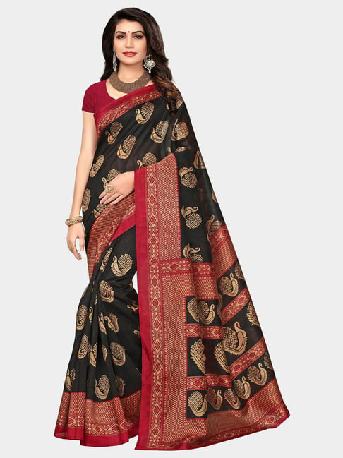 KSUT Black & Marron Printed Saree With Blouse Price in India