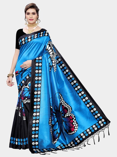 KSUT Blue & Black Printed Saree With Blouse Price in India
