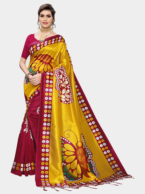 KSUT Yellow & Maroon Printed Saree With Blouse Price in India