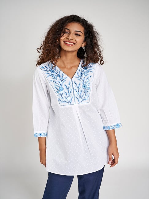 Global Desi White Embroidered Tunic