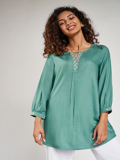 Global Desi Green Embroidered Tunic