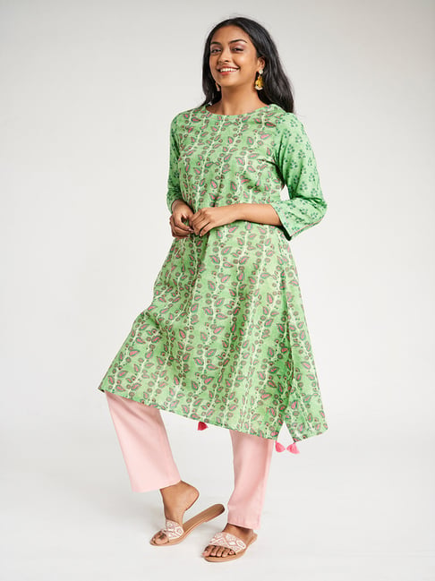 Global Desi Green Floral Print Kurta Price in India