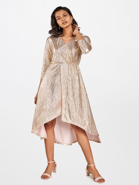 One-shoulder Draped Sequin Maxi Bridesmaid Dress In Rose Gold | The Dessy  Group