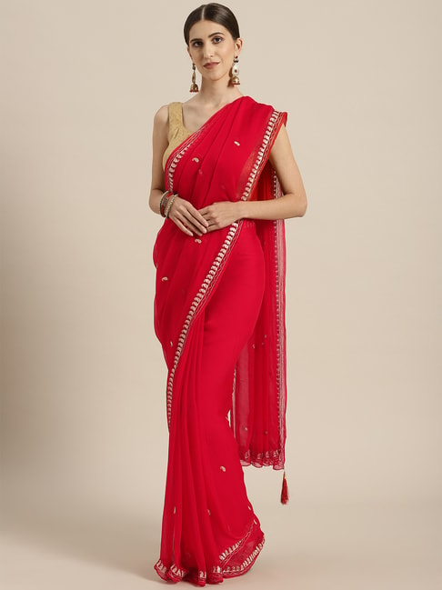 Geroo Jaipur Red Embroidered Saree With Unstitched Blouse Price in India