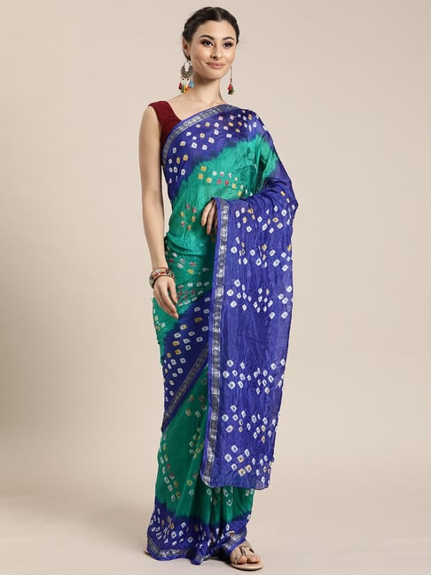 Geroo Jaipur Hand Dyed Green & Blue Bandhani Silk Saree Price in India