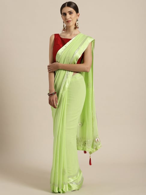 Geroo Jaipur Lime Green Hand Embroidered Georgette Saree Price in India