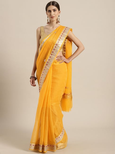 Buy Geroo Jaipur Mustard Embroidered Saree With Unstitched Blouse for ...