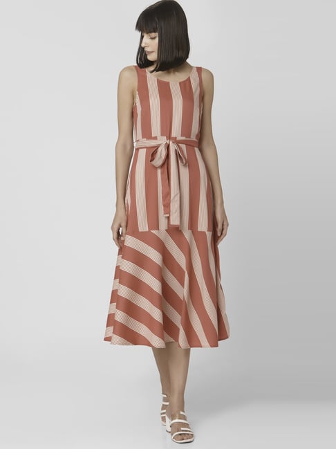 Vero Moda Pink & Beige Striped A-Line Dress Price in India