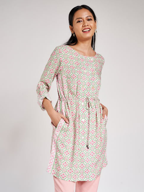 Global Desi Pink & Green Printed Tunic