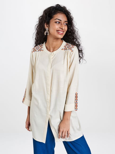 Global Desi Off White Embroidered Tunic