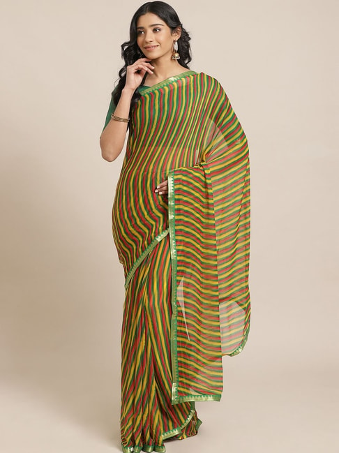 Saree Mall Green Stripes Saree With Unstitched Blouse Price in India