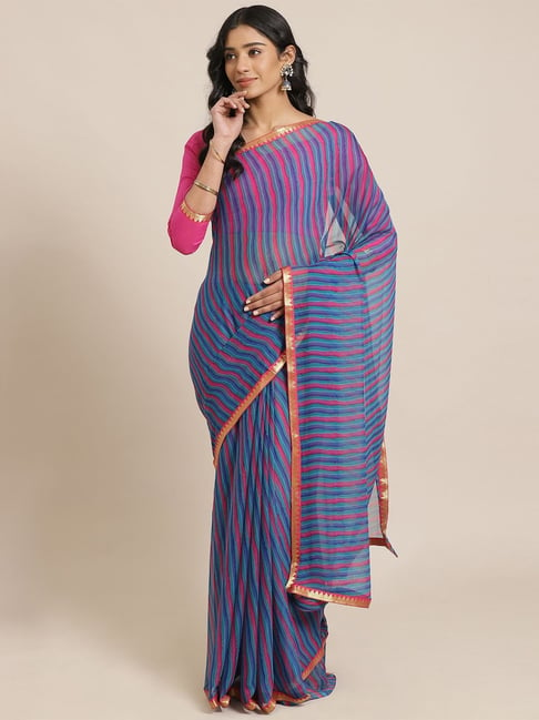 Saree Mall Blue & Pink Stripes Saree With Unstitched Blouse Price in India