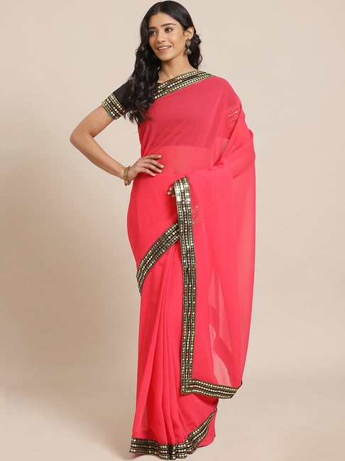 Saree Mall Pink Solid Saree With Unstitched Blouse Price in India