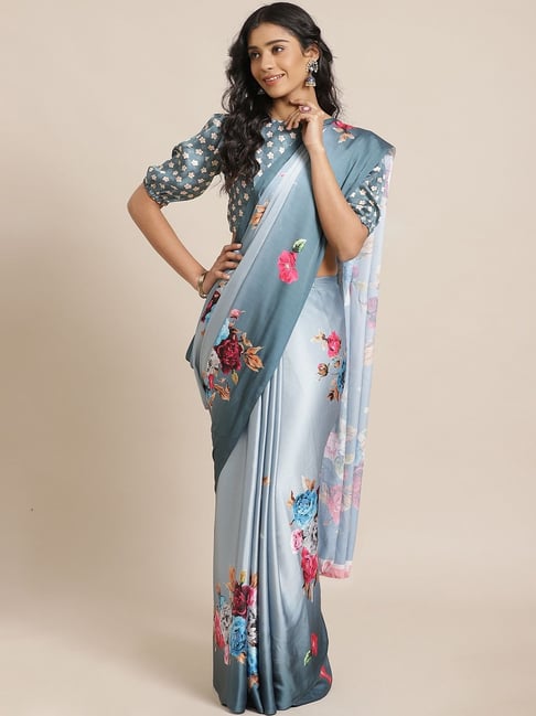 Saree Mall Grey & White Floral Saree With Unstitched Blouse Price in India