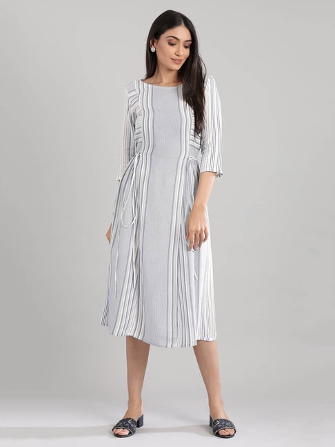 Aurelia White & Blue Striped A-Line Dress