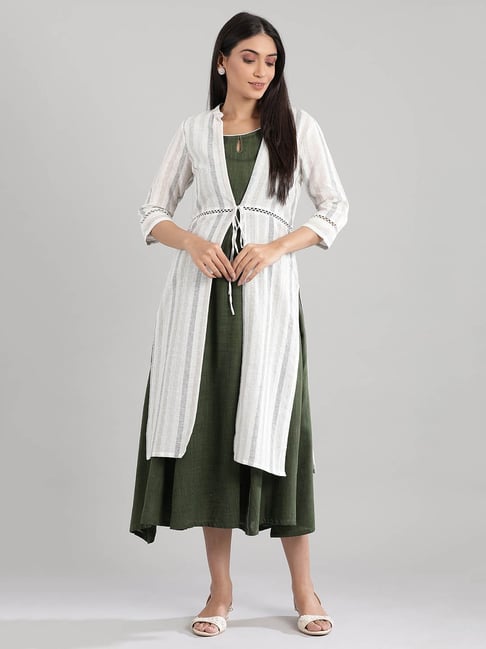 Buy SHOWOFF Womens Printed Shirt Collar White Midi Dress (Set of 2) online
