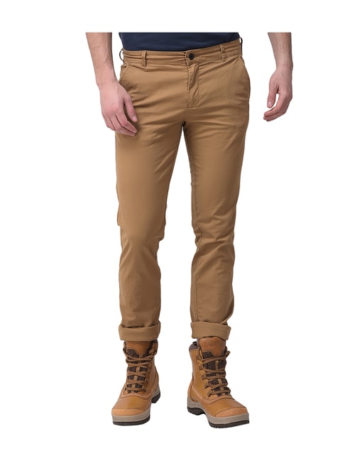 Khaki Solid Mens Formal Pant with Lupi Buckle Slim Fit