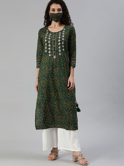 Ishin Forest Green Cotton Embroidered Straight Kurta With Mask Price in India