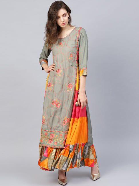 Ishin Grey & Pink Embroidered A Line Kurta Price in India