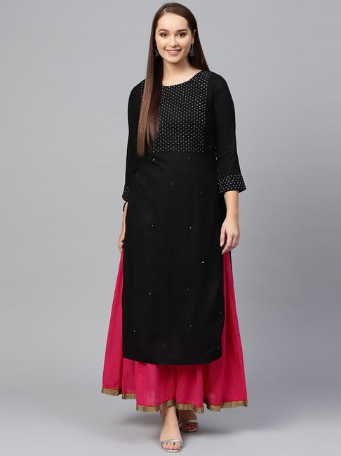 Ishin Black Embroidered Straight Kurta Price in India