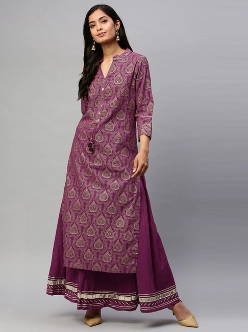 Ishin Purple Cotton Embellished Kurta Sharara Set Price in India
