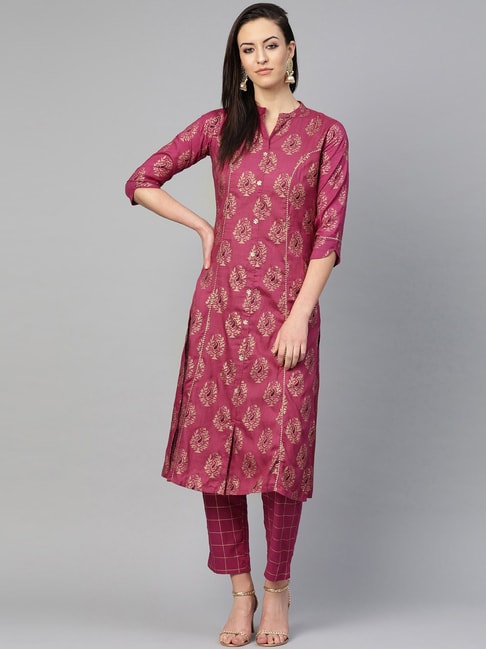 Ishin Magenta Cotton Printed Kurta Pant Set Price in India