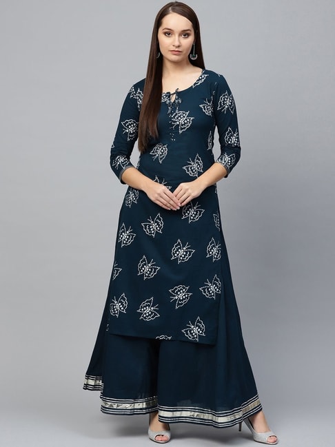 Ishin Teal Blue Cotton Printed Kurta Sharara Set Price in India