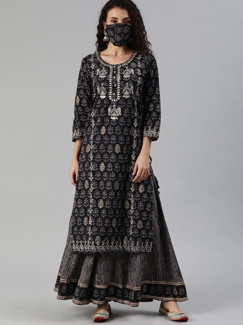 Ishin Black Cotton Embellished Kurta Sharara Set With Mask Price in India