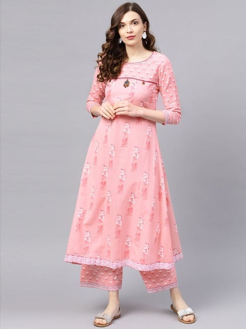 Ishin Pink Cotton Printed Kurta Pant Set Price in India