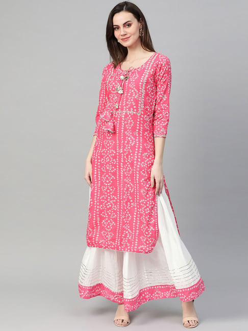 Ishin Pink & White Cotton Printed Kurta Skirt Set Price in India