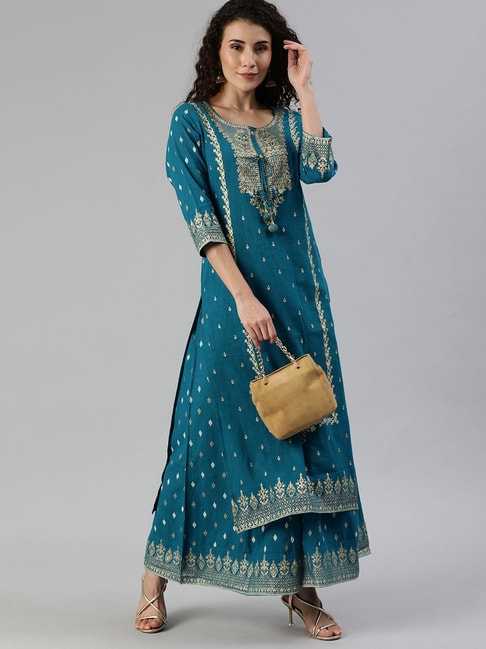 Ishin Blue Cotton Embellished Kurta Sharara Set Price in India