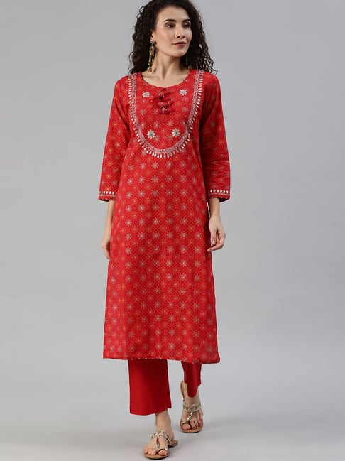 Ishin Red Cotton Embellished Kurta Pant Set Price in India