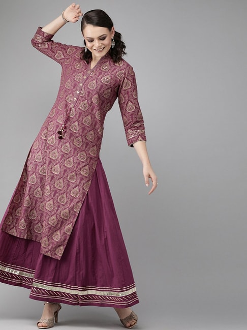 Ishin Purple Cotton Printed Kurta Sharara Set Price in India