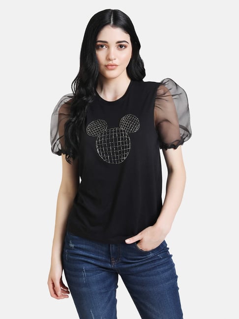 Kazo Black Printed Round Neck Top - Disney Collection