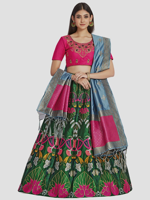Mimosa Pink & Green Embroidered Semi Stitched Lehenga Choli Set With Dupatta Price in India
