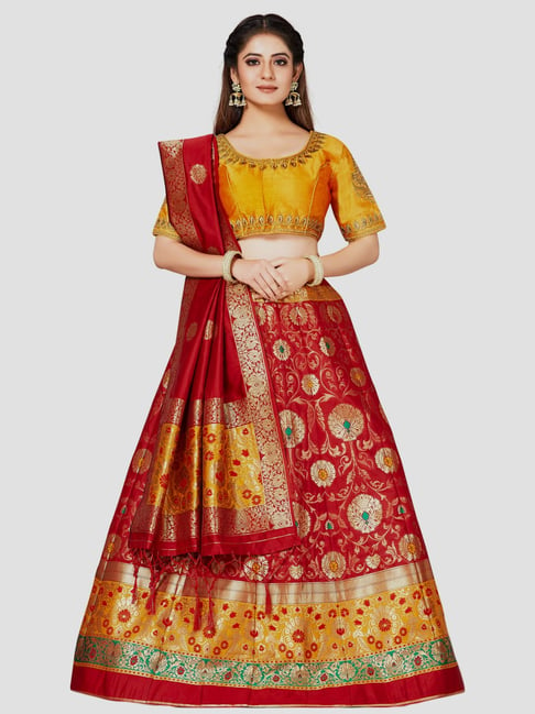 Poppy Red Lehenga In Mustard Floral Motif Print Matched With Golden  Embroidered Blouse – Viraaya By Ushnakmals