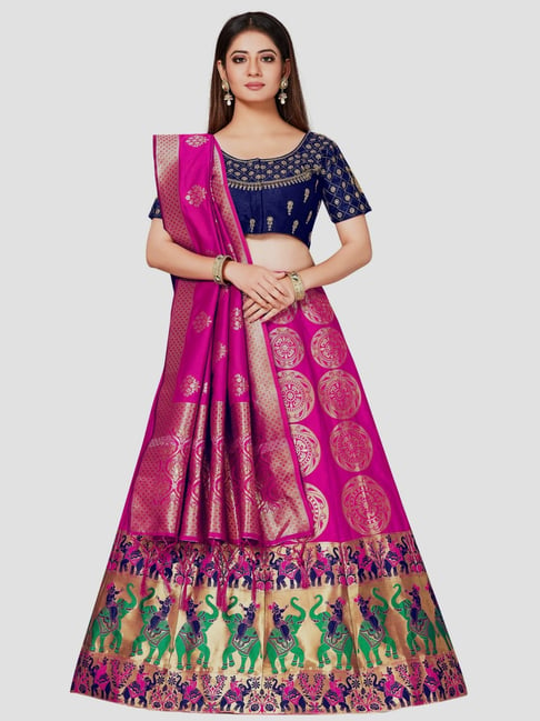 Mimosa Navy & Pink Embroidered Semi Stitched Lehenga Choli Set With Dupatta Price in India
