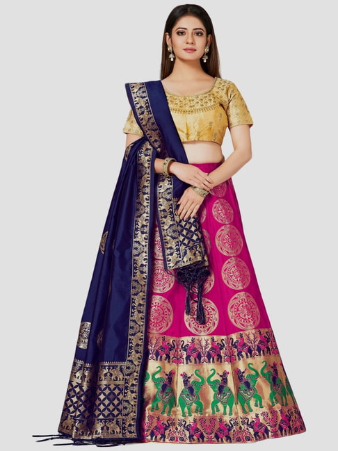 Mimosa Beige & Pink Embroidered Semi Stitched Lehenga Choli Set With Dupatta Price in India