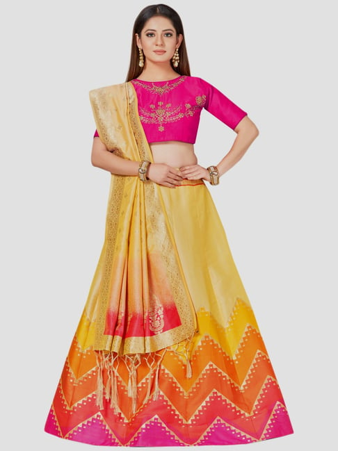 Mimosa Pink & Golden Embroidered Semi Stitched Lehenga Choli Set With Dupatta Price in India