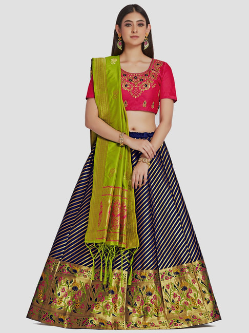 Mimosa Pink & Navy Embroidered Semi Stitched Lehenga Choli Set With Dupatta Price in India