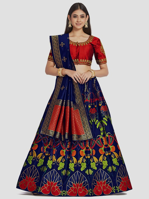 Mimosa Red & Blue Embroidered Semi Stitched Lehenga Choli Set With Dupatta Price in India