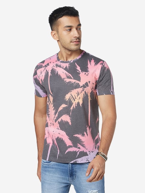 Nuon Men Nuon by Westside Pink Palm-Tree Print Slim-Fit T-Shirt