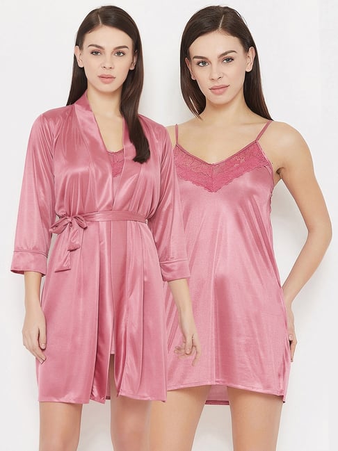 Clovia Pink Nightdress With Robe