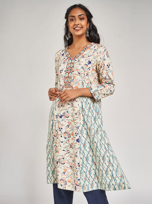 Global Desi Off White Floral Print Kurta