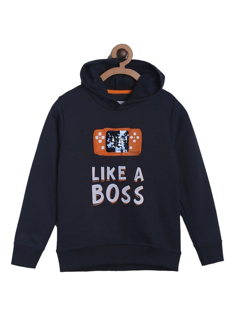 Tales & Stories Boy's Navy Blue Cotton Poly Embellished Sweatshirt with Hoodie