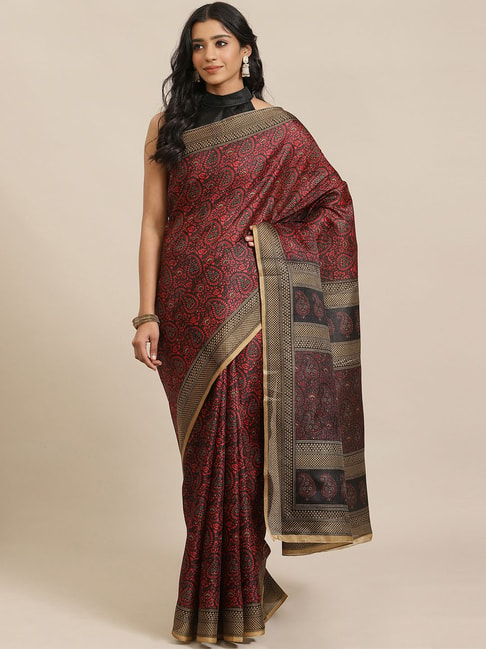 Saree Mall Maroon Printed Saree With Unstitched Blouse Price in India