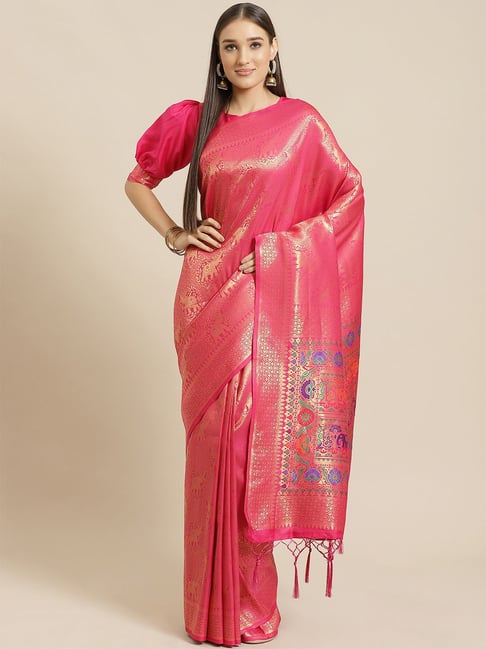 Saree Mall Hot Pink Woven Saree With Unstitched Blouse Price in India